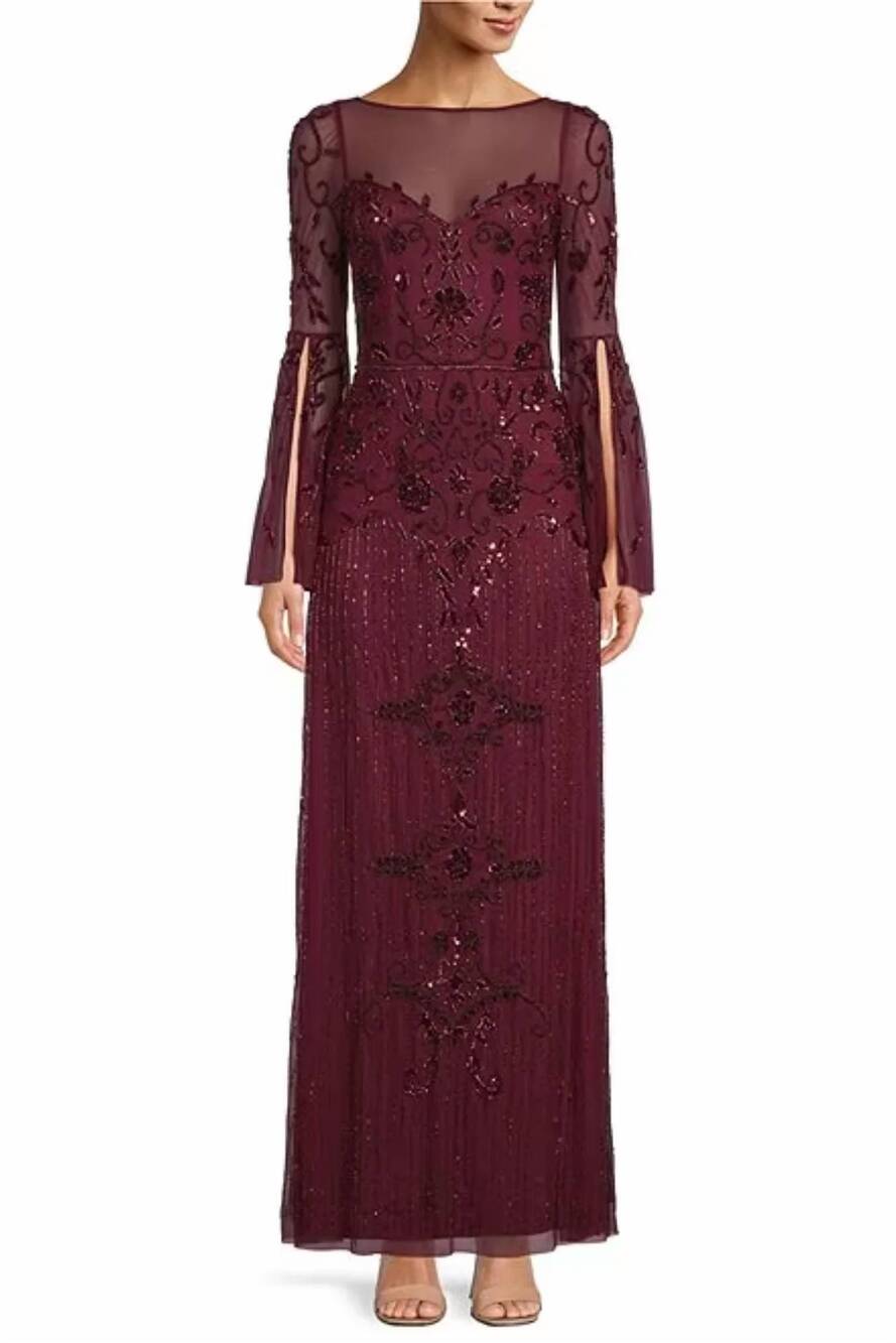 NEW AIDAN MATTOX beaded illusion bell sleeve a-line gown in mahogany